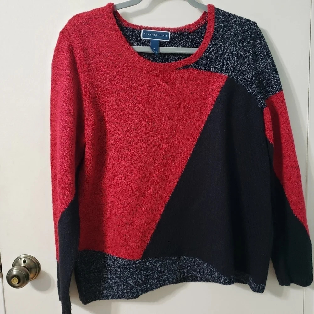 Karen Scott Red & Black Geometric Sweater